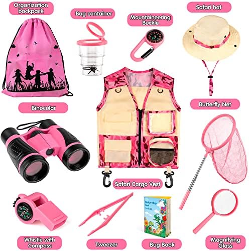INNOCHEER Kids Explorer Kit & Bug Catcher Kit & Safari Costume Kit, Outdoor Exploration Set with Hat, Vest, Butterfly Net and Bugs Book for Boys Girls 3-12 Years Old (Camouflage Pink) - Image 6