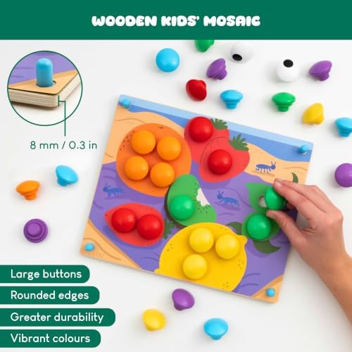 BONNYCO Button Art Toy with 50 Templates and 32 Buttons. Color Matching Peg Board for Kids, Montessori Toys for 2 Year Old, Wooden Puzzle for Toddlers 1-3, Baby Learning Games, Stem Educational Gift - Image 3