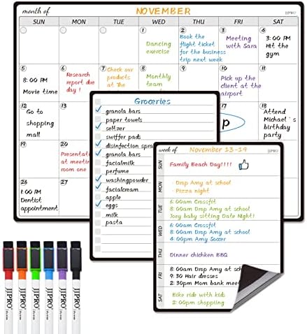 JJPRO Magnetic Monthly Calendar Whiteboard Set for Fridge-Monthly Planning Board and Two Bonus Dry Erase Grocery Board&Weekly Menu Board-Meal Planner Whiteboard/to-Do List-6 Markers by JJPRO