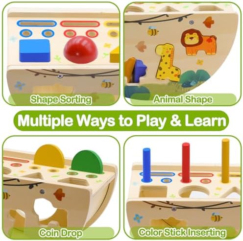 Montessori Busy Box for Toddlers 1-3, Wooden Object Permanence Coin Box with Shape Sorter & Animal Matching, Fine Motor Sensory Learning Toy with Wobble Base, Gift for 1 2 3 Year Old - Image 3