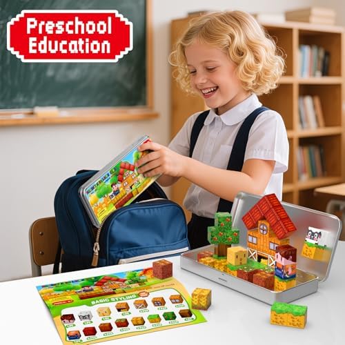 Farm Animal Magnetic Building Blocks Travel Toys, 35PCS Magnetic Cubes for Kids 3-8, Portable STEM Building Tiles with Metal Storage Box, Toddler Learning Toys for Ages 3-5，Fun Gifts, Classroom Prizes - Image 4