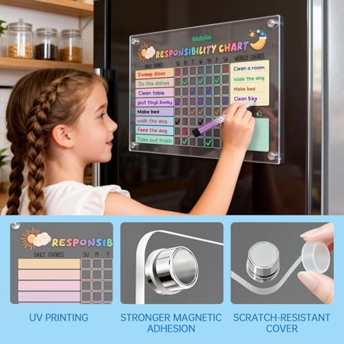 Acrylic Magnetic Kids Chore Board & Star Reward Jar - Dry Erase Fridge Calendar with Erasable Markers, Wooden Stars & DIY Stickers for Visual Schedule, Behavior Tracking & Potty Training Toddlers - Image 4