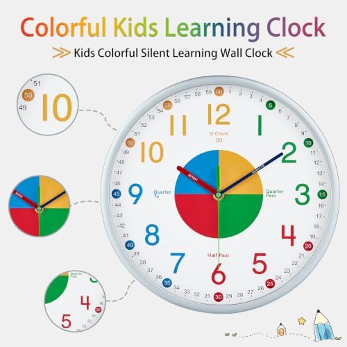 HZDHCLH Kids Wall Clock for Learning to Tell Time, 12 Inch Silent Non Ticking Analog Clock with Four Color Time Disc Battery Operated Educational Clock for Classroom, Bedroom, Homeschool (pale silver) - Image 4
