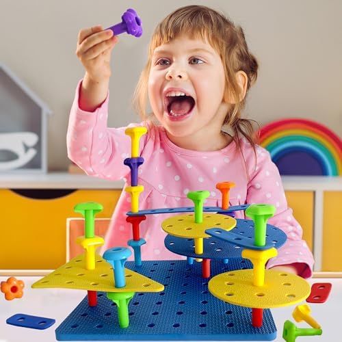 Counting Peg Board for Kids - Toddler Stacking Toys - 65 Pcs DIY Building Set Large Foam Board & Occupational Therapy Toys, Color Sorting & Lacing Toy , Montessori Tools, Peg Puzzles for Toddlers 3 - Image 5