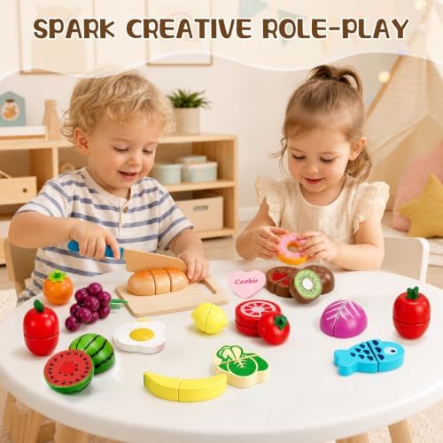 WHOHOLL 43 Pcs Wooden Play Food for Kids Play Kitchen Accessories Playset with Bucket, Pretend Cutting Food Toys for 3 4 5 6 Year Old, Vegetables Fruits Toys Birthday Gifts for Boys Girls - Image 2