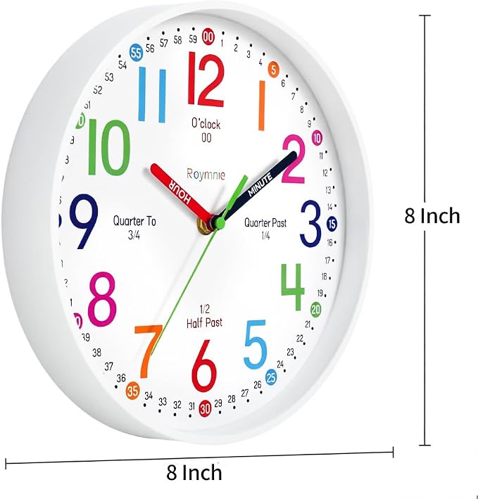 Roymnie Wall Clock 8" for Kids Learning Battery Operated Teaching Silent - Image 5