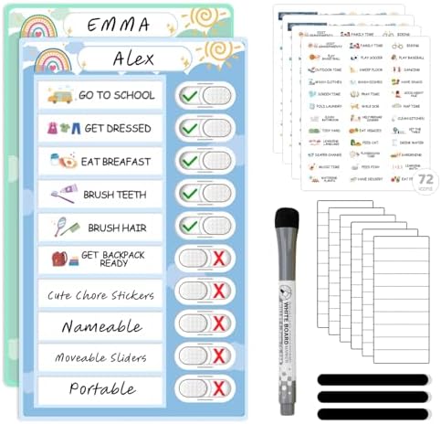 2 in 1 Namable Chore Chart for Kids, Dry Erase Morning/Bedtime Routine Chart for Kids for Refrigerator, Magnetic Visual Schedule for Kids Toddlers to Do List Checklist for Multiple Kids by CustomMaster