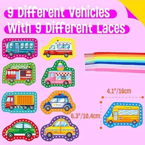 SpriteGru 9 Pieces Kids Lacing Cards, Double Sided Sewing Cards in 9 Vehicle Cards with 9 Colorful Laces, Imagination Development Lacing Toys Games for Children Educational and Learning Activity - Image 2