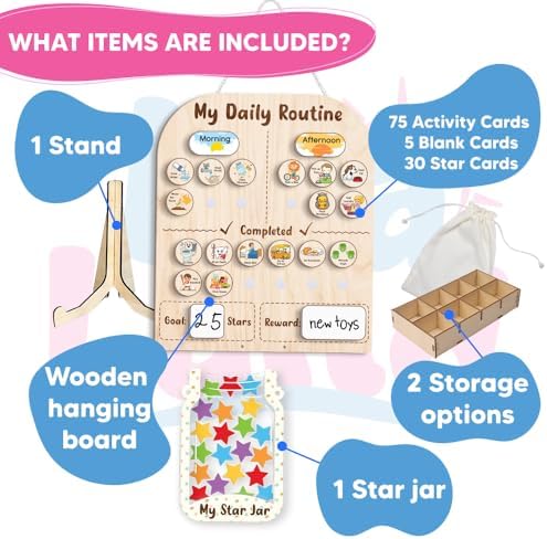 Wooden Daily Routine for Kids, 30 Tokens Star Reward Jar for Toddlers, Chore Chart for Kids with Star Jar, Behavior Reward Jar for Toddlers Boys Girls - Image 2