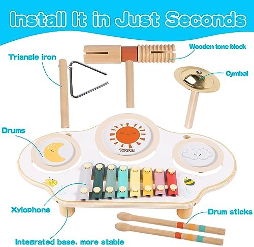 Twefex Kids Drum Set - 9 in 1 Baby Drum Set for Toddlers - Montessori Musical Instruments Toy for Babies - Wooden Xylophone Musical Toys for Boys and Girls - Image 6