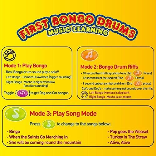WEofferwhatYOUwant Baby Bongo Drums – Realistic Bongo Sounds for Babies 6+ Months with Lights, Cat & Dog Effects, 3 Play Modes, BPA-Free, Batteries Included, Travel-Ready Educational Gift for Toddlers - Image 4
