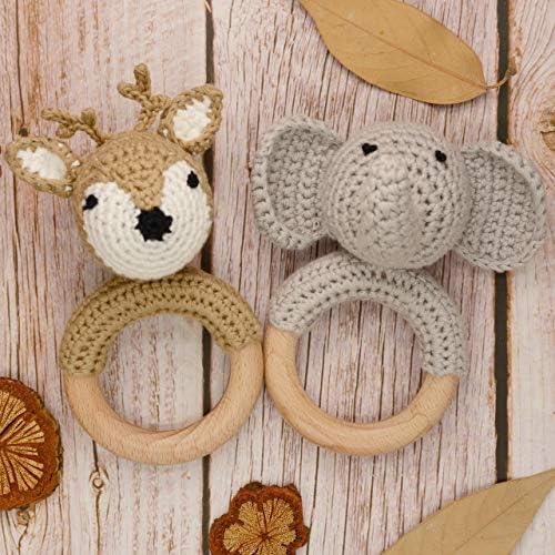 Joliecraft Woodland Friends Baby Rattle Shaker Toy with Wooden Teething Ring in White and Tan Deer - Image 3
