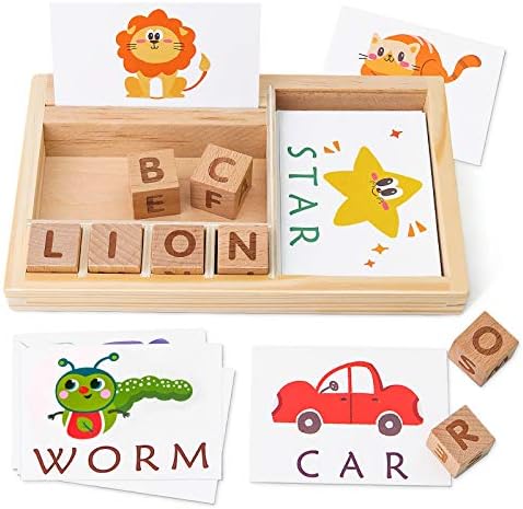 Coogam Spelling Games, Wooden Matching Letters Toy with Flash Cards Words, Montessori ABC Alphabet Learning Educational Puzzle Gift for Preschool Boys Girls Kids Age 3 4 5 Years Old by Coogam