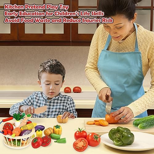 Wooden Vegetable Toys for Children,Pretend Play Food Set for Kid, Magnetic Cutting Kitchen Toy with Picnic Basket,Baby Dinette Accessories for Toddlers Store Grocery,Gift for Girl Boy - Image 2