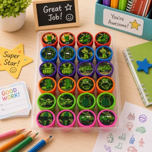 Cinrobiye 24 Pcs Military Stampers for Kids, Pre-Inked Army Soldier Stamp Set, Military Birthday Party Favors, Classroom Rewards, Goodie Bag Fillers, Treasure Box Prizes, Carnival Supplies - Image 3