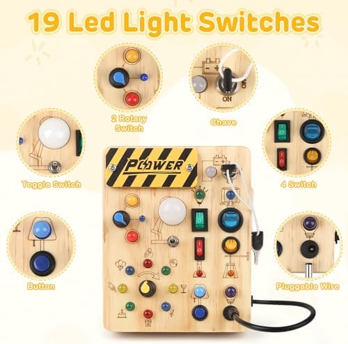 LED Busy Board for Toddlers 1-3,Montessori Sensory Toy with Key Switch and Plug, Light Up Wood Activity Switch Board for Fine Motor Skills, Educational Travel Toy Gift for 1 2 3 Year Old Boys Girls - Image 2