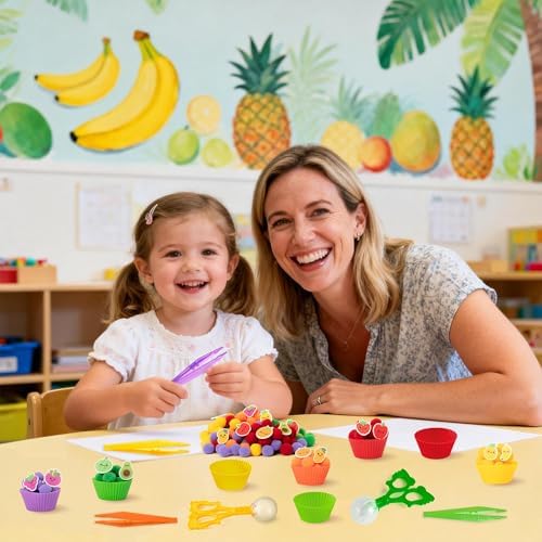 EZdhuawuse Summer Sensory Bin Fillers - 268P Summer Fruit Fine Motor Toys Counting Sorting for Kids, Color Sorting Set with Felt Banana Pom Poms Cup Clip for Preschool Education Birthday Party Favors - Image 4