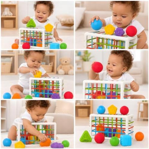 MINGKIDS Montessori Toys for 1 Year Old, Cube & 6 Sensory Shape Blocks&6 Colors Ball Pit Balls,Baby Sensory Fine Motor Skills Developmental Toys,Gifts for 12 18 Month Age 1 2 - Image 2
