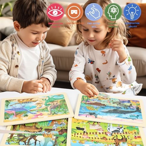 Wooden Puzzles for Kids Ages 4-6, 4 Packs 24 Pcs Wooden Jigsaw Puzzles for Toddlers Ages 3-5, Preschool Educational Puzzle Toys Gifts for 3 4 5 6 Boys Girls - Image 5