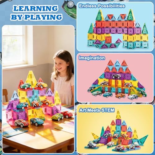 93 PCS Magnetic Tiles Mini Magnetic Building Tiles with Cars, Travel Magnetic Tiles with Storage Bag,STEM Toys for School Acitivities, Ideal Christmas Birthday Gifts for Boys Girls Age 3+ Years Old - Image 3