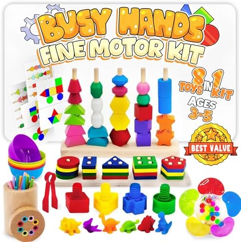 8-in-1 Busy Hands Fine Motor Skills Toys Kit for Toddler, Montessori Toys Set for 3+ Years Old, Learning & Education Toys, Color Shape Sorter, Stacking Toys, STEM, Wooden Toys by Unknown