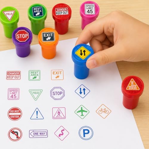 Cinrobiye 24 Pcs Traffic Sign Stampers Party Favor Set, Cute Road Safety Stamps for Kids Birthday Party, Classroom Rewards, Learning Activities, Goody Bag Fillers, Educational Party Supplies - Image 4