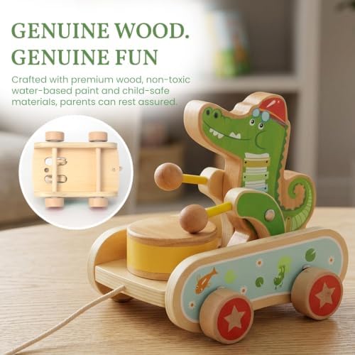 Wooden Push Toys for Toddlers 1-3, Crocodile Beating Drum Walking Pull Toy - Image 5