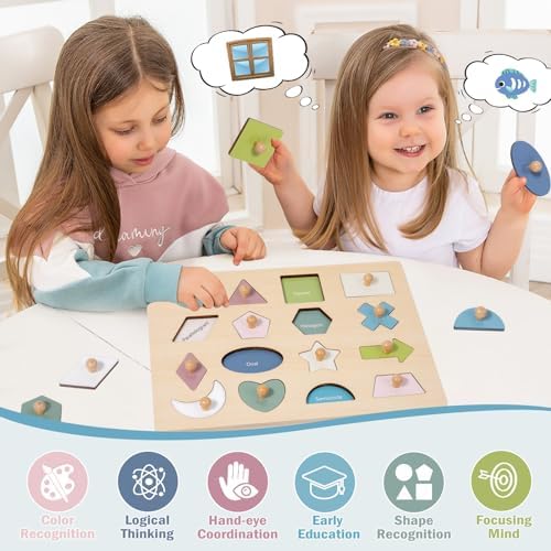 Montessori Toy for Babies 18-24 Months Wooden Shape Puzzles for Toddlers 1-3,Shape Peg Puzzles,Baby Puzzle 18-24 Months with Knob,Color & Shape Sorter for Toddlers(16 Geometric Shapes) - Image 2
