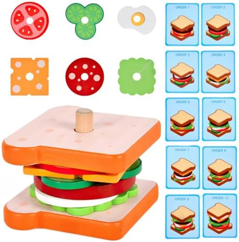 Wooden Sandwich Stacking Toys for Kids, Play Fake Food Toy, Montessori Toys for 3+ Year Old, Preschool Educational Toys to Develop Fine Motor Skills (Sandwich) by MIKNEKE