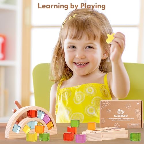 Woodtoe Wooden Building Blocks Set for Kids, Rainbow & Tree Wood Frame - 24 PCS Acrylic Gem Cubes Stacking Blocks, Montessori Stacking Toys, Educational Birthday Toys Gift for Toddlers 3-6 - Image 4