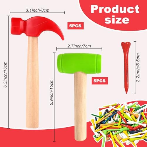 10 Pcs Kids Wooden Hammer Toy with 100 Pcs Colorful Wood Golf Tees, Small Plastic Hammer Simulation Hammers Educational Toys for Children Gift Birthday Party (Red and Green) - Image 2