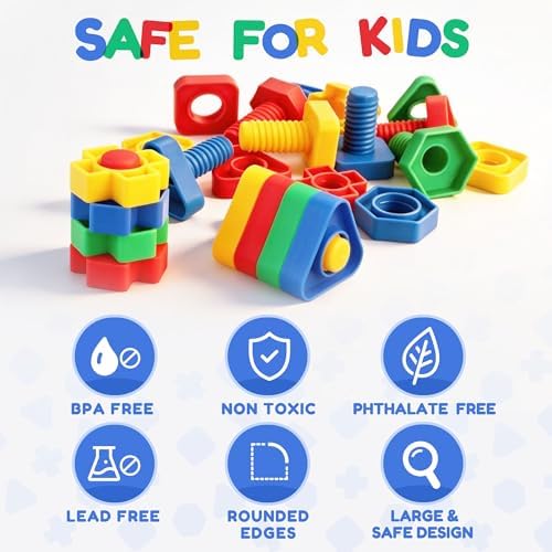 LotFancy Nuts and Bolts, 24pcs Fine Motor Skills Occupational Therapy Toys for Kids, Shapes and Colors Matching Toys, Montessori Building Construction Game with Storage Box for Baby and Toddlers - Image 5