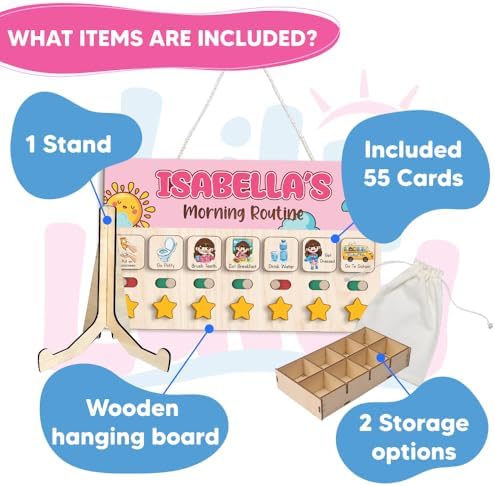 Personalized Wooden Chore Chart for Kids, Daily Routine Chart for Toddlers, Visual Schedule for Kids Age 3-5, Morning Bedtime Routine for Girls (01) - Image 2