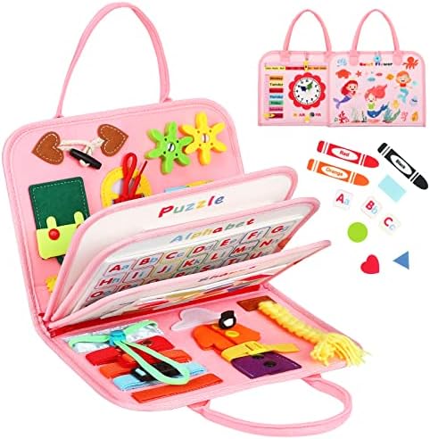 Quiet Flower 8 in 1 Busy Board Montessori Toys - Pink Sensory Busy Book & Activity Book for Basic Motor Skills, Educational Airplane Toys & Travel Essentials for Kids, Birthday Gift for Girl by QuietFlower