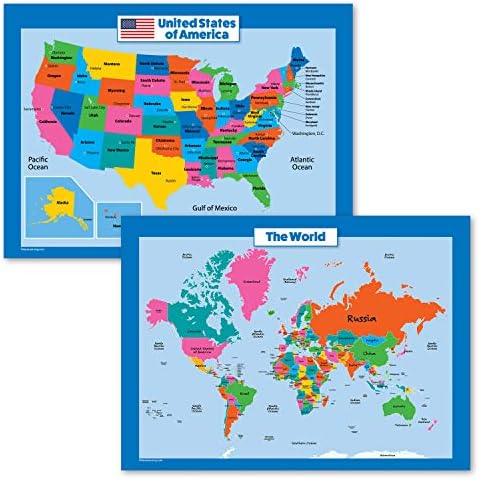 World Map and USA Map for Kids - 2 Poster Set - LAMINATED - Wall Chart Poster of the United States and the World (18 x 24) by Unknown