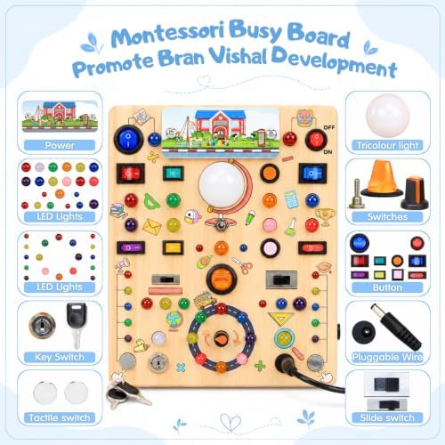 Busy Board with LED Light Switches, Montessori Toys for 1 2 3 Years Old, Toddlers Wooden Toy Sensory Activity Board, Travel Toys for 1+ Year Old Boy & Girl Birthday Gift (School 19 Switches) - Image 2