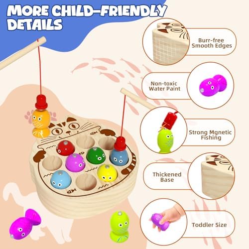 Wooden Magnetic Fishing Game for Toddlers 1-3, Montessori Sensory Busy Board Fine Motor Skills Toys for 1 2 3 Years Old Boys Girls - Image 3