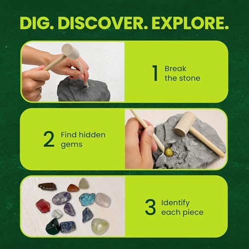 Nature Gear Gemstone Dig Kit for Kids, Educational Crystal Excavation Kit with 15 Mystery Gems, Interactive Adventure Fossil Mining Toy for Kids Age 3-5 and Up - Image 6