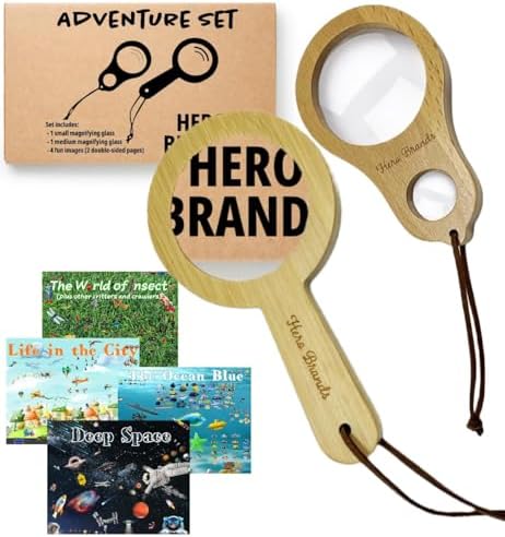 Adventure Set - 2X Wood Magnifying Glass for Kids with 4 Pictures - Wooden Montessori Toy - Learn and Explore by Hero+Brands