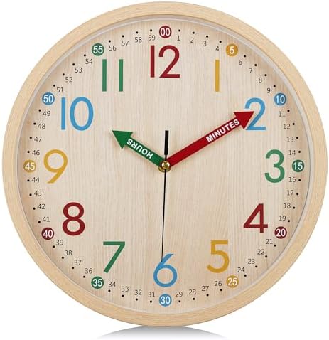 Lafocuse 12 Inch Silent Colorful Wall Clock Wood Grain Easy to Read, Cute Analog Rainbow Clock Time Teaching for Classroom Bedroom School by VisiteLafocuse