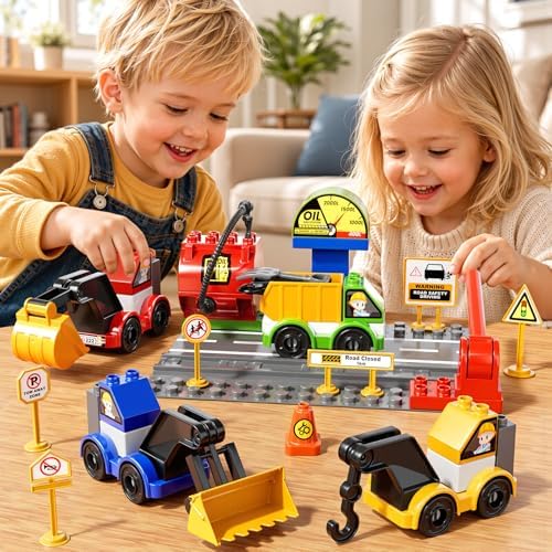 Toddlers Car Building Blocks Set, 72 Pcs Large Building Blocks, STEM Construction Toys Include Excavator,Bulldozer,Dump Truck,Road Traffic,Signs,Toys for 3 4 5 4 7 8 Year Old Boys Girls by Unknown