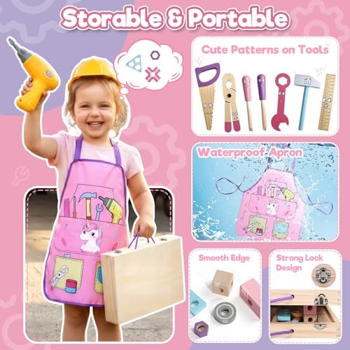 Wooden Kids Tool Set with Drill Montessori Toys for 3 Year Old Girl 44Pcs - Image 6