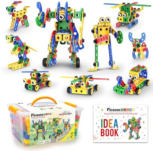 PicassoTiles 201pc STEM Learning Block Construction Kit with Power Drill and Clickable Ratchet Educational Engineering Toy Set Kids Age 3 Plus Preschool Activity Creative Play with Idea Book PTN201 by PicassoTiles
