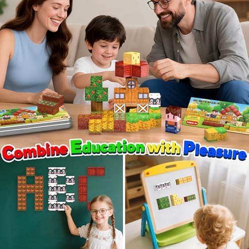 Farm Animal Magnetic Building Blocks Travel Toys, 35PCS Magnetic Cubes for Kids 3-8, Portable STEM Building Tiles with Metal Storage Box, Toddler Learning Toys for Ages 3-5，Fun Gifts, Classroom Prizes - Image 5