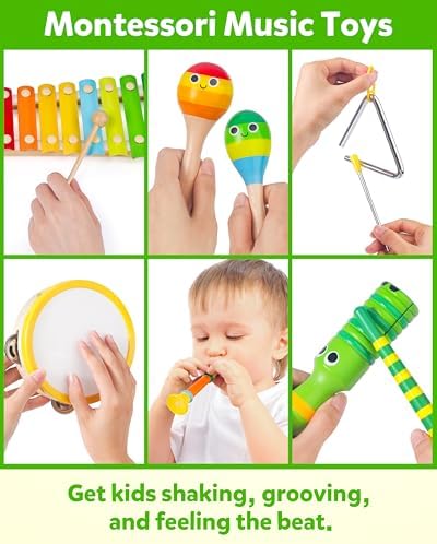 Coogam Wooden Musical Instruments for Toddlers, Tambourine Xylophone Castanet Flute Maracas Playset, Wood Percussion Rhythm Music Toy, Montessori Educational Learning Gift - Image 4