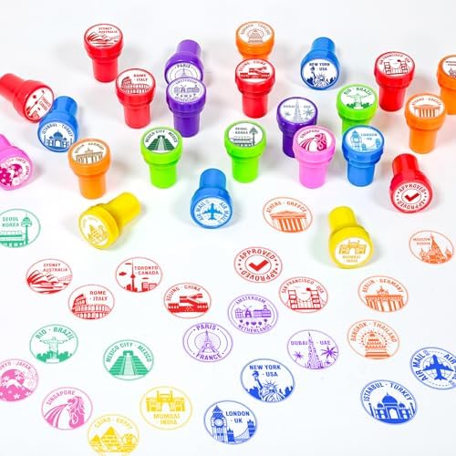 Cinrobiye 24 Pcs Adventure Travel Stampers Party Favor Set, Fun Bon Voyage Travel Stamps for Kids Birthday Party, Classroom Rewards, Carnival Prizes, Goody Bag Fillers, Travel Themed Party Supplies - Image 2