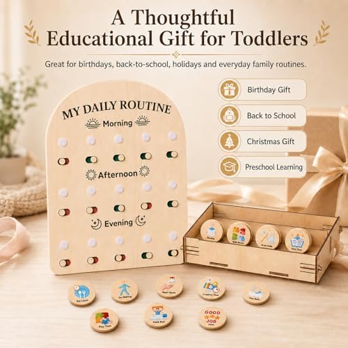 My Daily Routine Chart for Kids with Sliding Checklist – Wooden Visual Schedule Board for 3-5 Years Toddlers, Morning Afternoon Bedtime Activity Chore Chart for Independence Self Discipline - Image 3