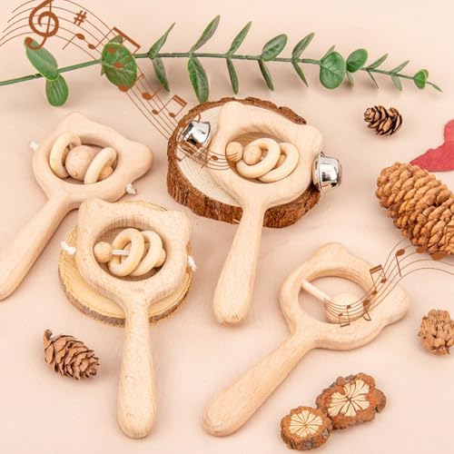 Montessori Wooden Bear Rattle, Teething & Grasping Toy with Bell - Image 3