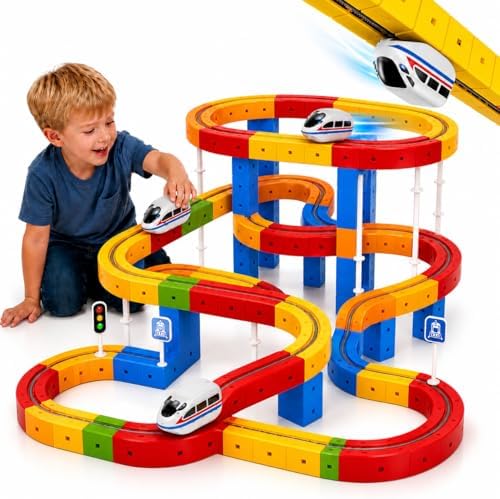 Electric Train Track Set for Kids 3 4 5 6 7 8 Years Old, 3D Flexible Race Track Building Toy with Motorized Train, Modular STEM Learning Toy for Boys and Girls (81Pcs) by Unknown