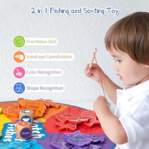 Montessori Toys for 3+,Wooden Magnetic Fishing Game Educational Shape & Color Sorting for Kid 3-5,Boy Girl Preschool Learning Motor Skill Matching Activity Toy for Age 3+ (Foldable mat) - Image 2
